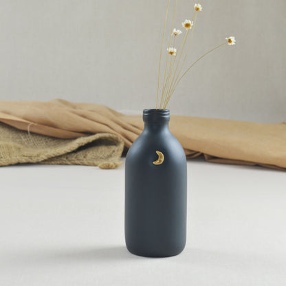 Black Ceramic Bottle Vase With A Gold Embossed Crescent Moon | Porcelain Vase | Flower Vase