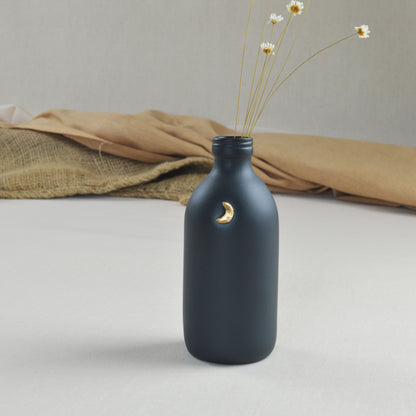 Black Ceramic Bottle Vase With A Gold Embossed Crescent Moon | Porcelain Vase | Flower Vase