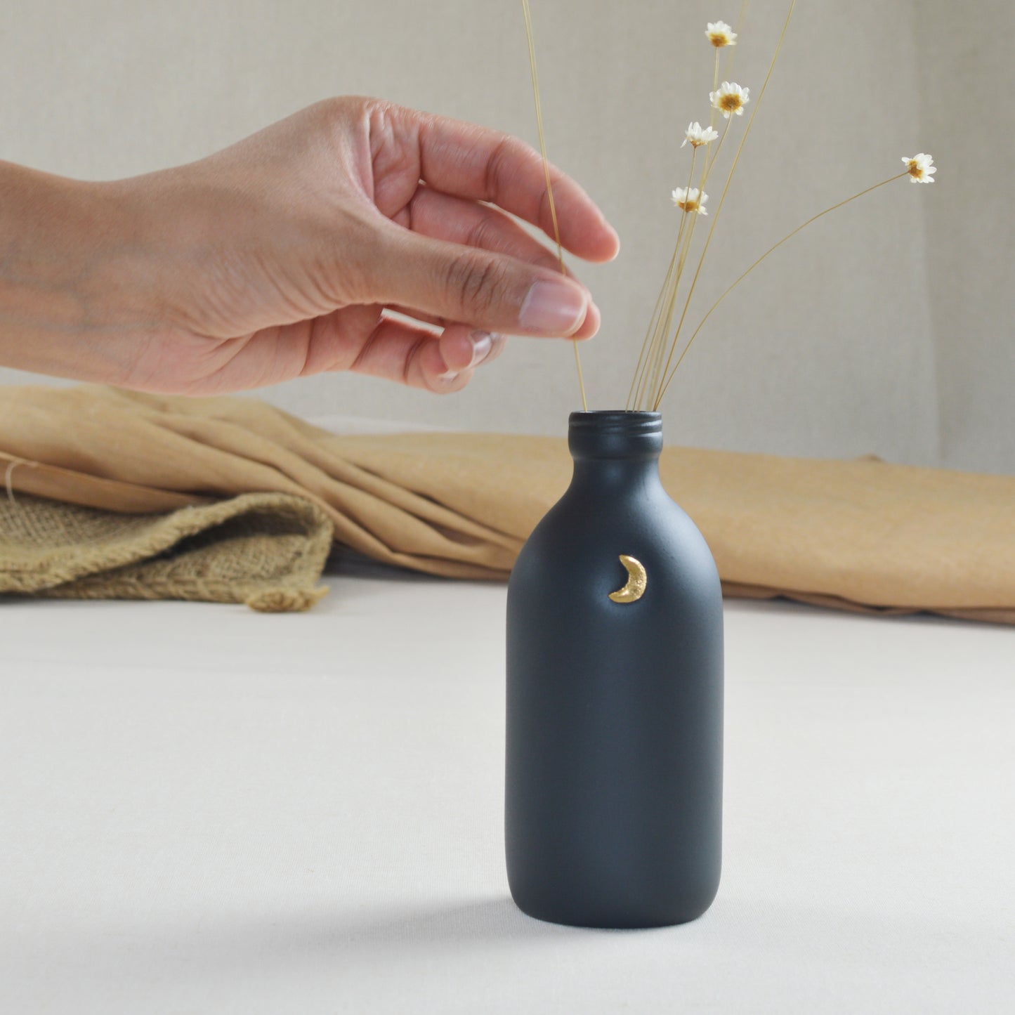 Black Ceramic Bottle Vase With A Gold Embossed Crescent Moon | Porcelain Vase | Flower Vase