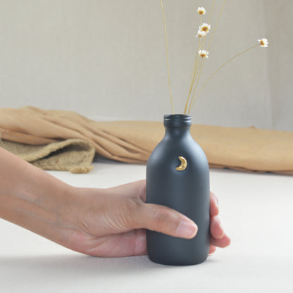 Black Ceramic Bottle Vase With A Gold Embossed Crescent Moon | Porcelain Vase | Flower Vase