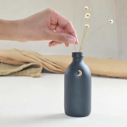 Black Ceramic Bottle Vase With A Gold Embossed Crescent Moon | Porcelain Vase | Flower Vase