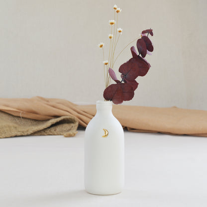White Bottle Vase With A Gold Embossed Crescent Moon | Flower Vase | Porcelain Vase