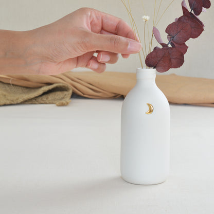 White Bottle Vase With A Gold Embossed Crescent Moon | Flower Vase | Porcelain Vase