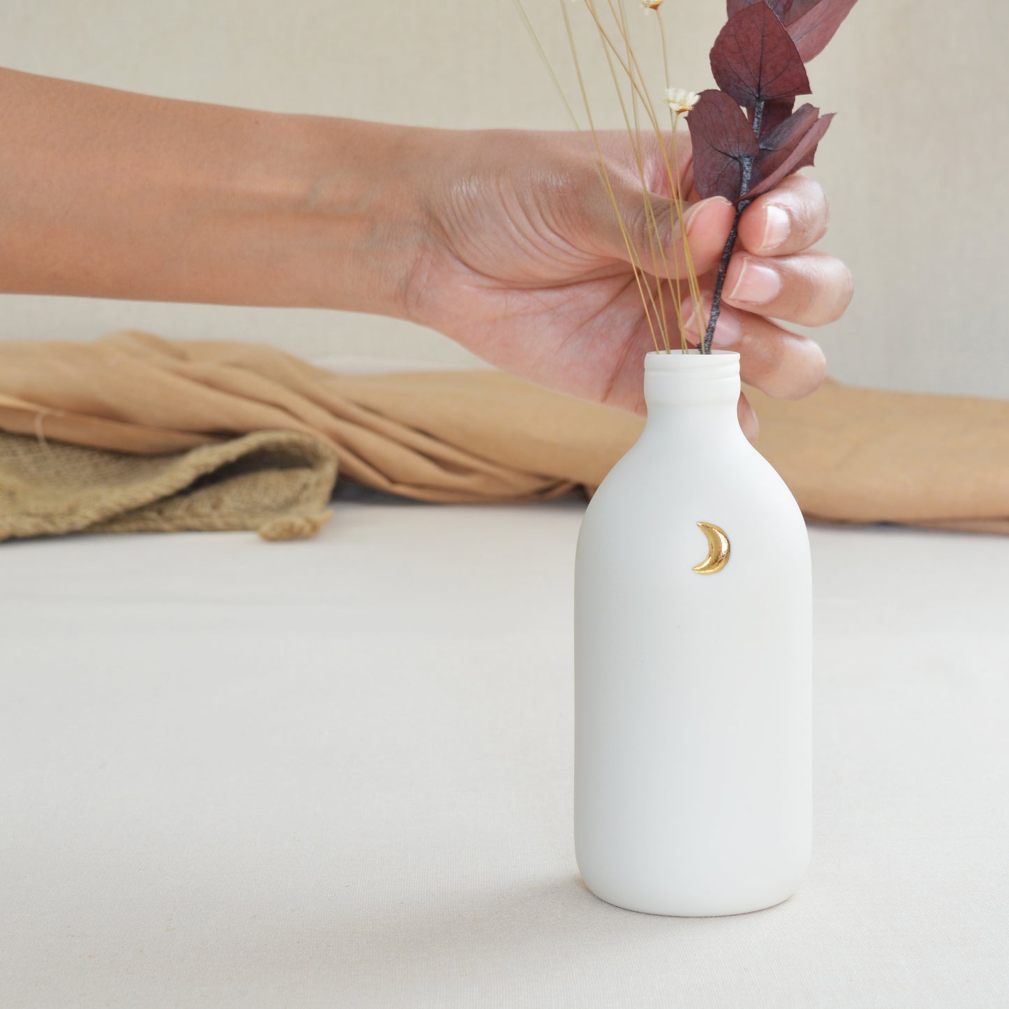 White Bottle Vase With A Gold Embossed Crescent Moon | Flower Vase | Porcelain Vase