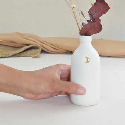 White Bottle Vase With A Gold Embossed Crescent Moon | Flower Vase | Porcelain Vase