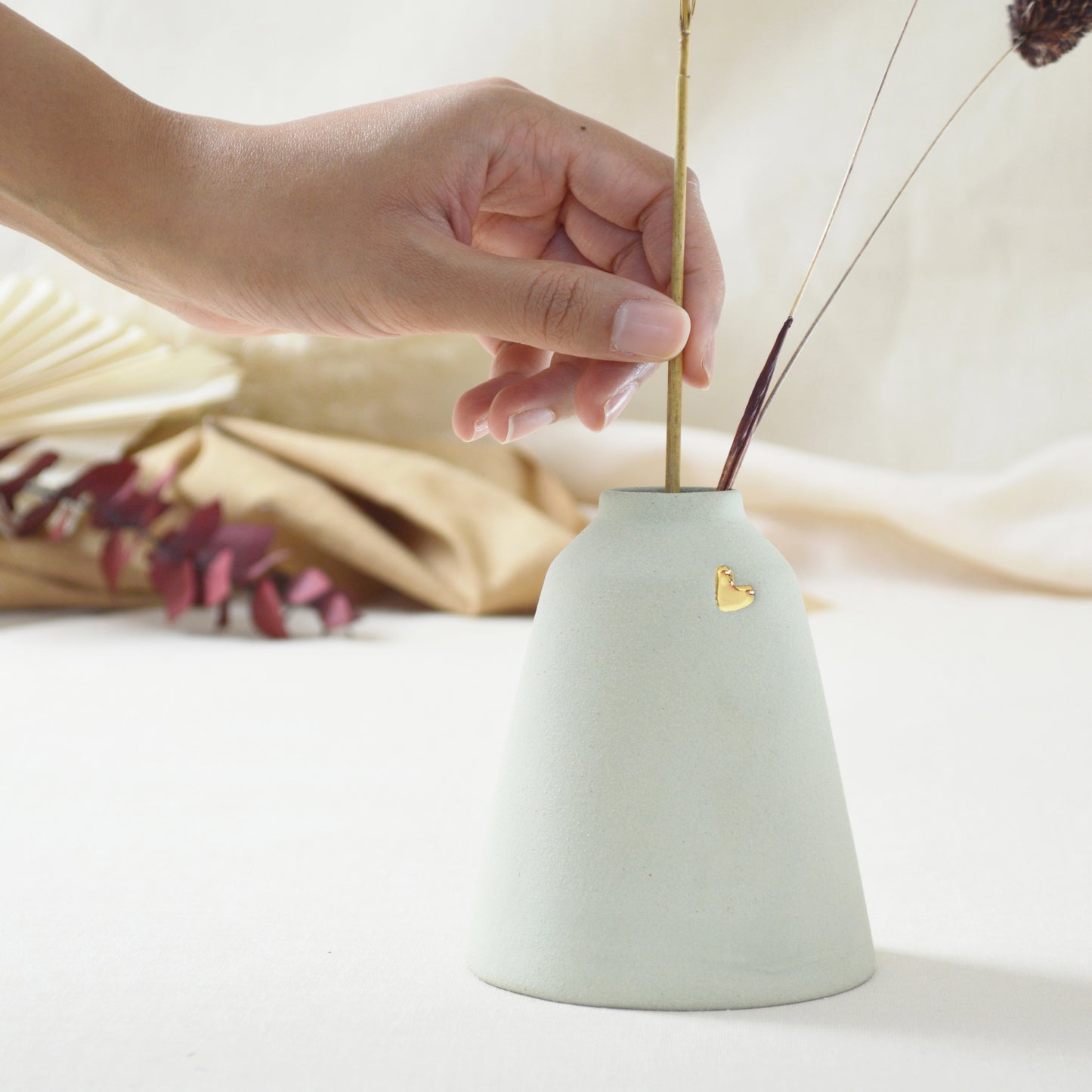 Pastel Mint Angled Ceramic Vase With A Gold Embossed Heart | Stoneware Vase | Flower Vase