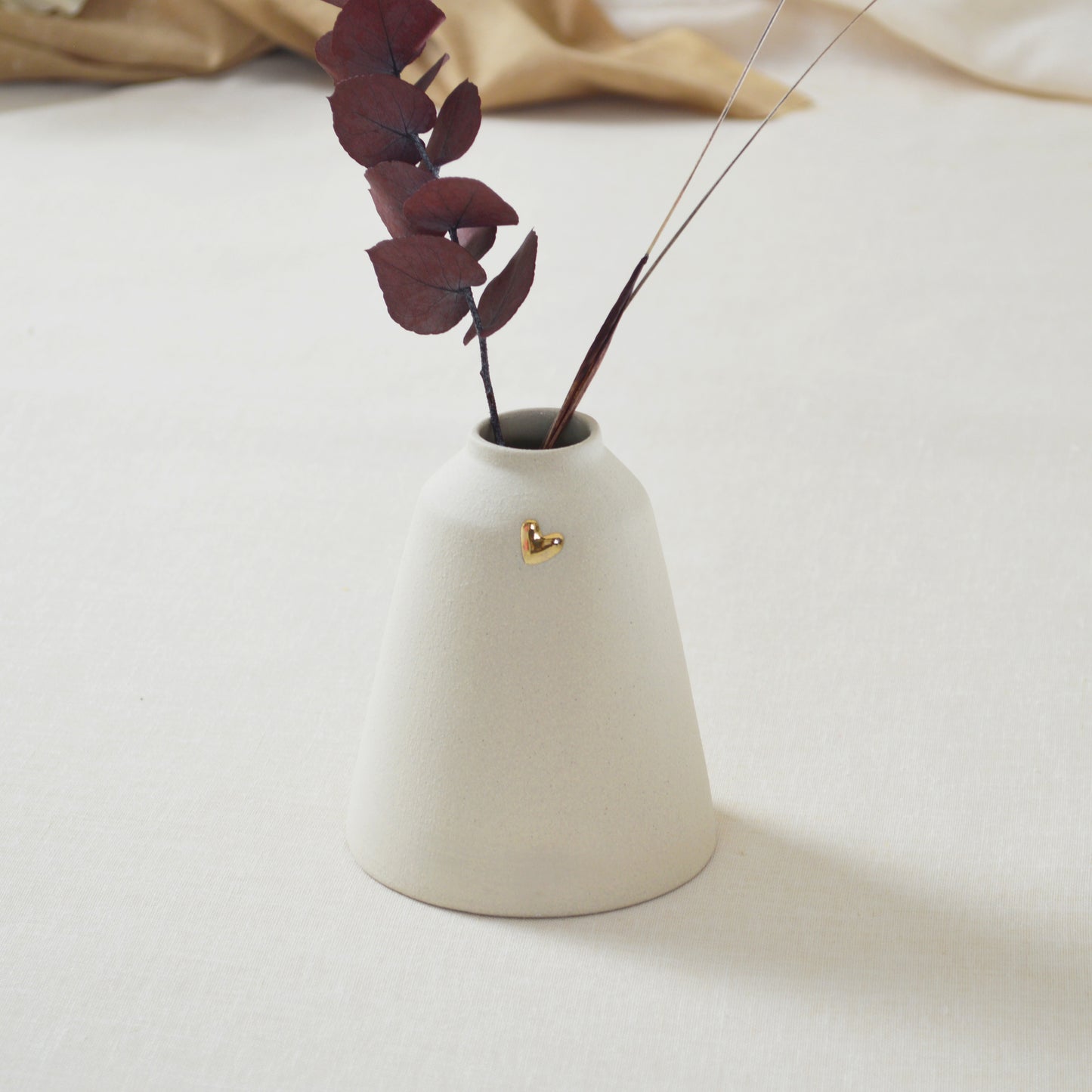 Cream Angled Ceramic Vase With A Gold Embossed Heart | Stoneware Vase | Flower Vase