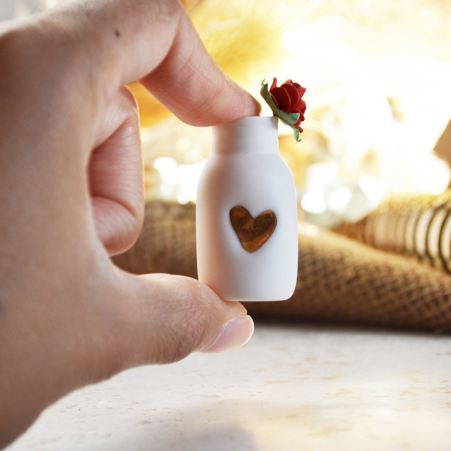 Mini Bottle with An Embossed Gold Heart and Paper Rose | Valentine's Gifts | Porcelain