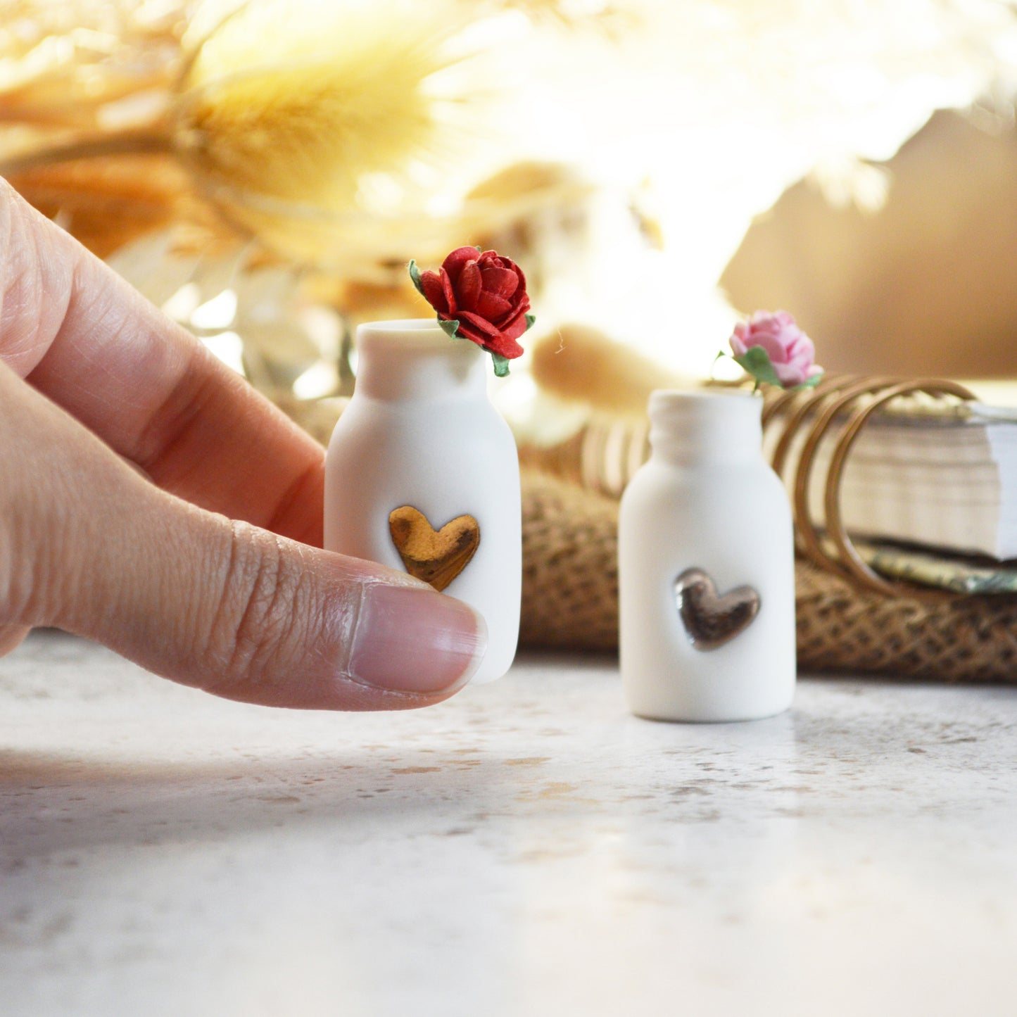 Mini Bottle with An Embossed Gold Heart and Paper Rose | Valentine's Gifts | Porcelain