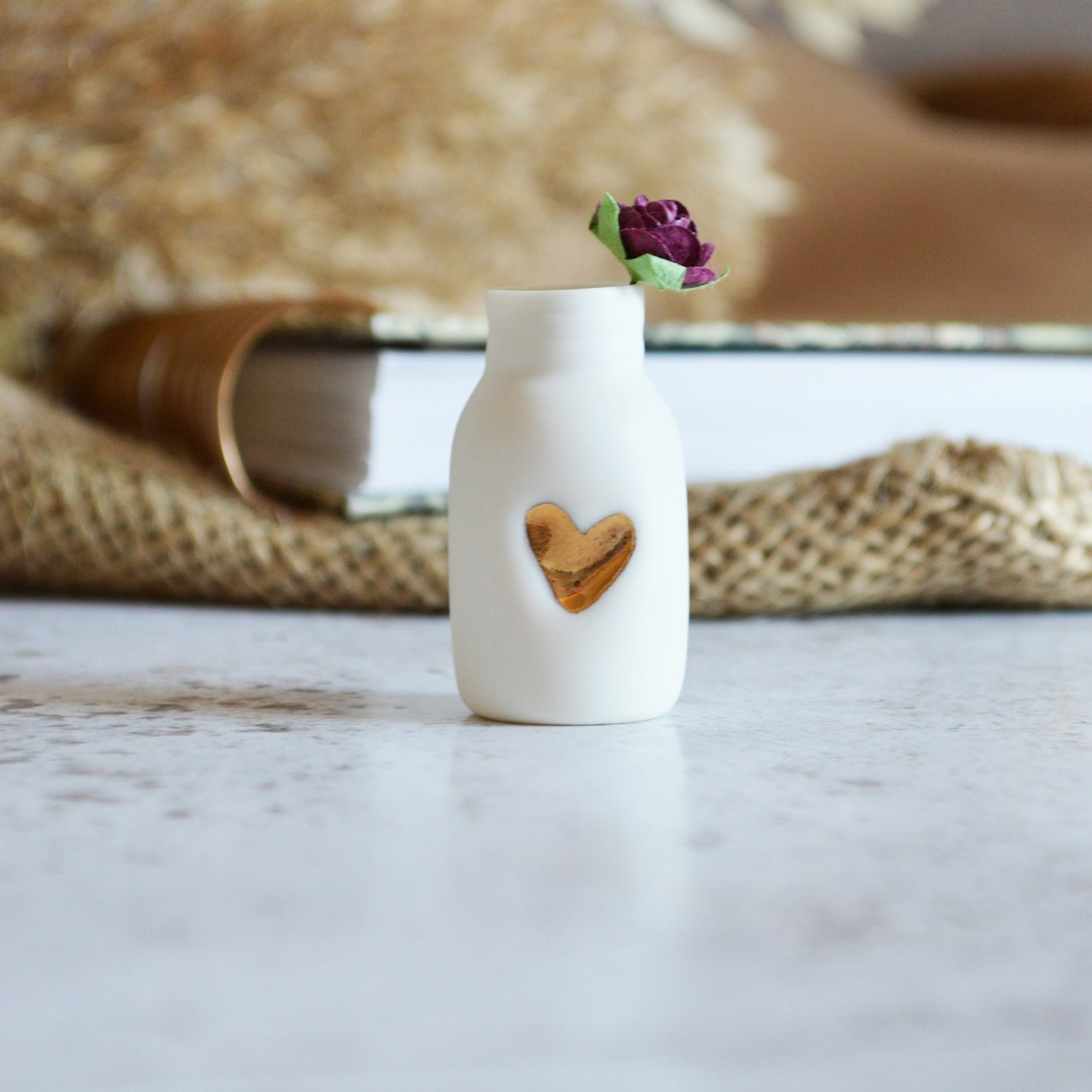 Mini Bottle with An Embossed Gold Heart and Paper Rose | Valentine's Gifts | Porcelain