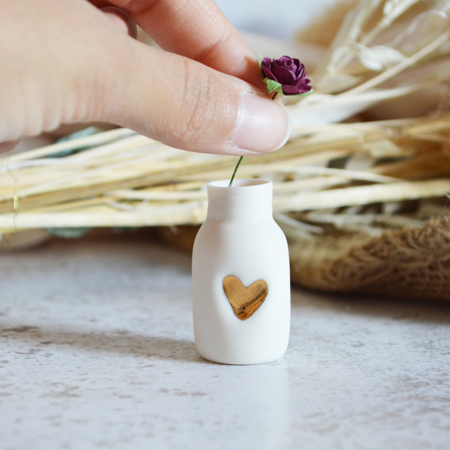 Mini Bottle with An Embossed Gold Heart and Paper Rose | Valentine's Gifts | Porcelain