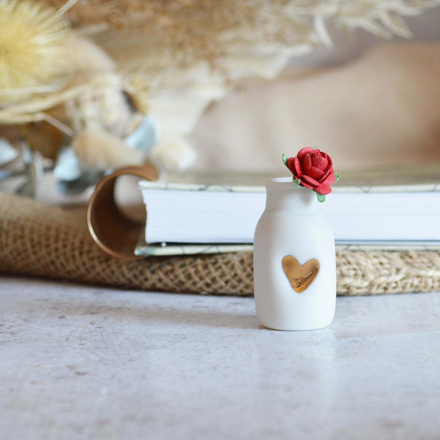 Mini Bottle with An Embossed Gold Heart and Paper Rose | Valentine's Gifts | Porcelain