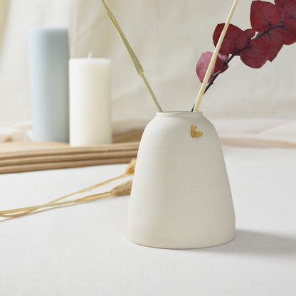 Discontinued* Beige Ceramic Vase With A Short Rim And An Embossed Gold Heart | Flower Vase | Stoneware | Mother's Day Gifts