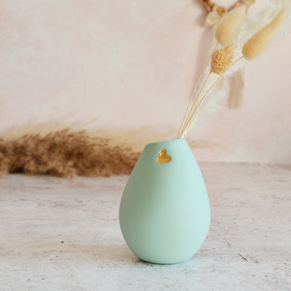 Pastel Mint Bud Vase With An Embossed Gold Heart | Spring Vase | Mother's Day Gifts | Porcelain