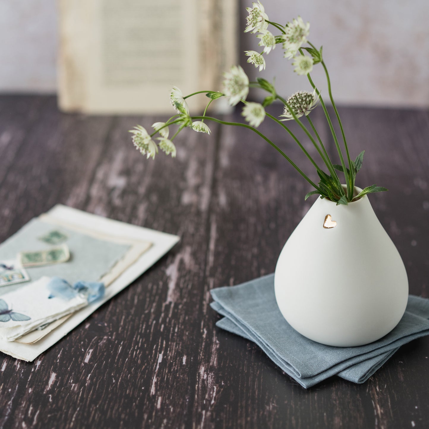 Big Bellied White Bud Vase With A Gold Embossed Heart | Flower Vase | Porcelain Vase