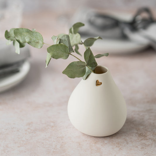 Big Bellied White Bud Vase With A Gold Embossed Heart | Flower Vase | Porcelain Vase