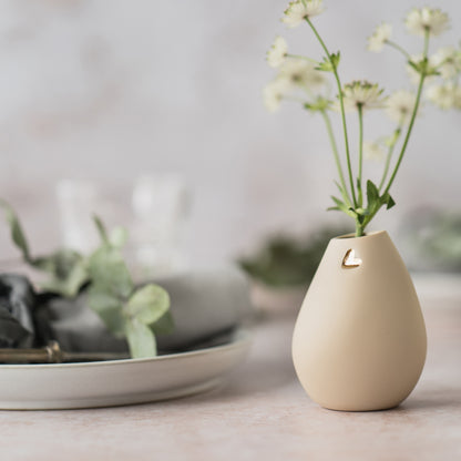 Pastel Beige Bud Vase With An Embossed Gold Heart | Porcelain | Flower Vase | Mother's Day