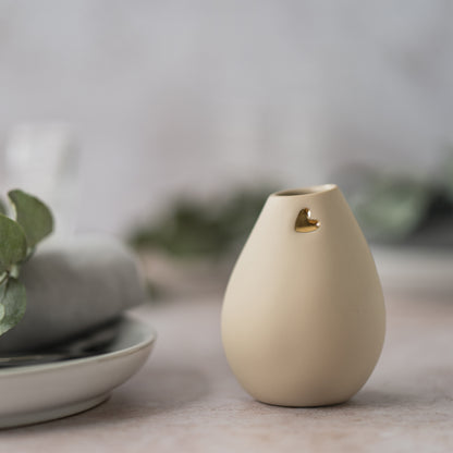 Pastel Beige Bud Vase With An Embossed Gold Heart | Porcelain | Flower Vase | Mother's Day
