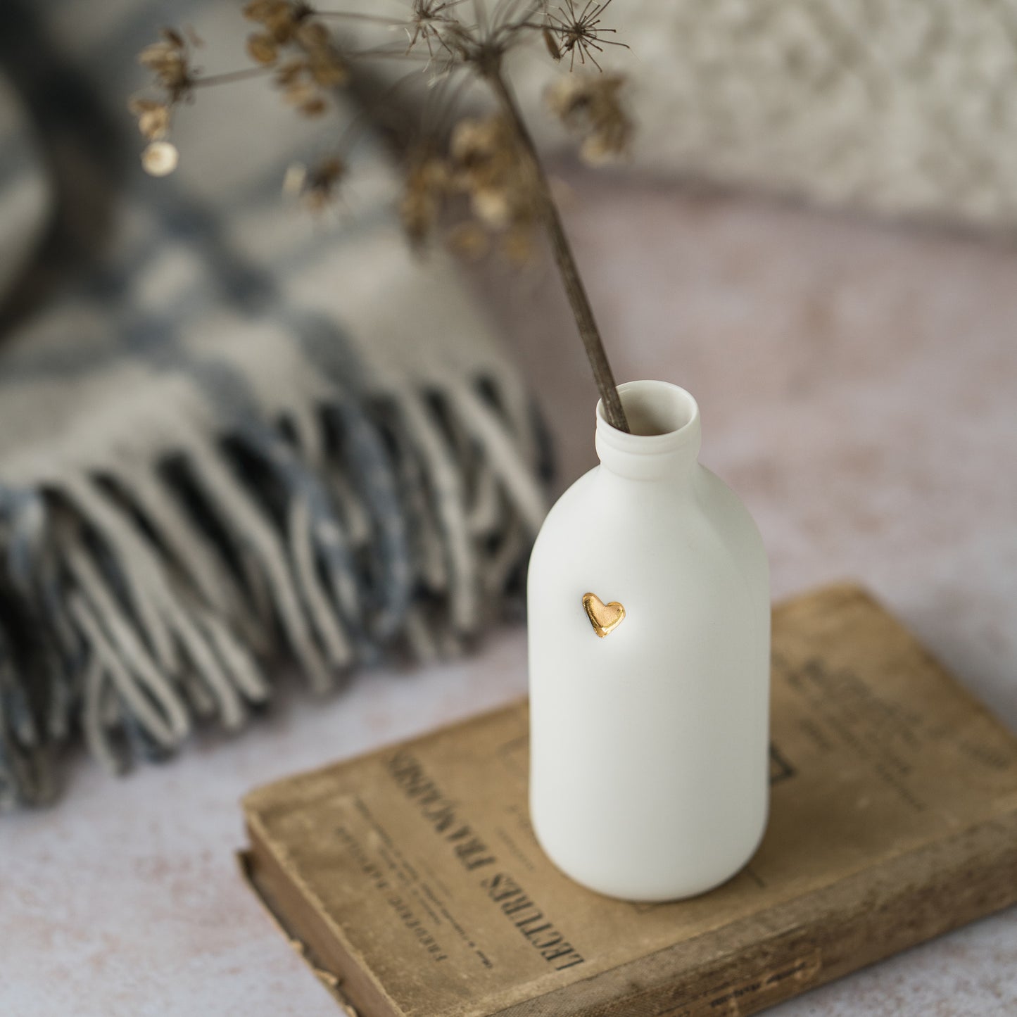 White Bottle Vase With A Gold Embossed Heart | Bottle Vase | Flower Vase | Summer Vase | Mother's Day | Porcelain