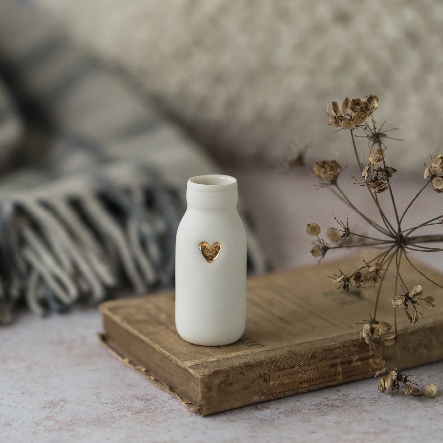 White Bottle Vase With A Gold Embossed Heart | Bottle Vase | Flower Vase | Summer Vase | Mother's Day | Porcelain