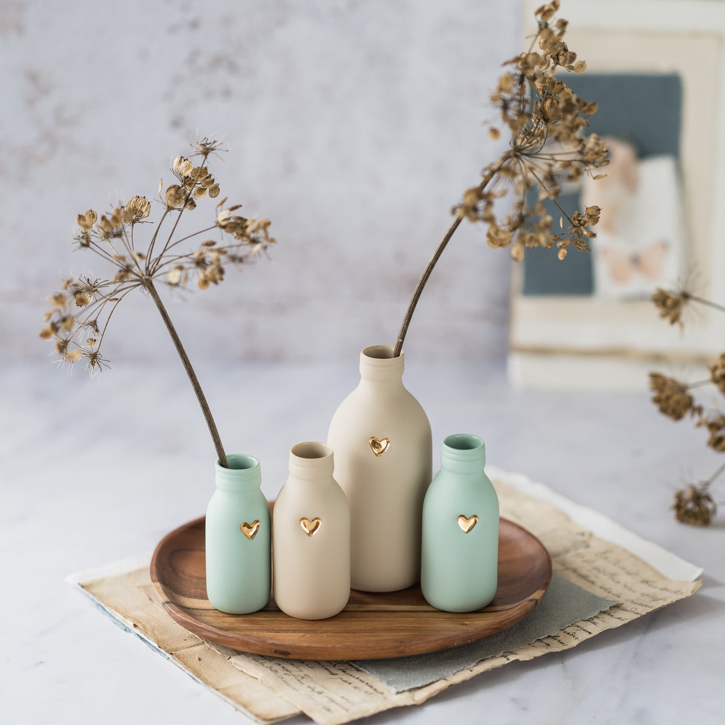 Pastel Bottle Vases With A Gold Embossed Heart | Summer Vase | Flower Vase | Porcelain