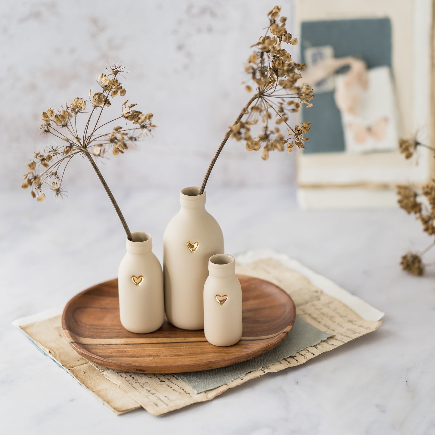 Pastel Bottle Vases With A Gold Embossed Heart | Summer Vase | Flower Vase | Porcelain