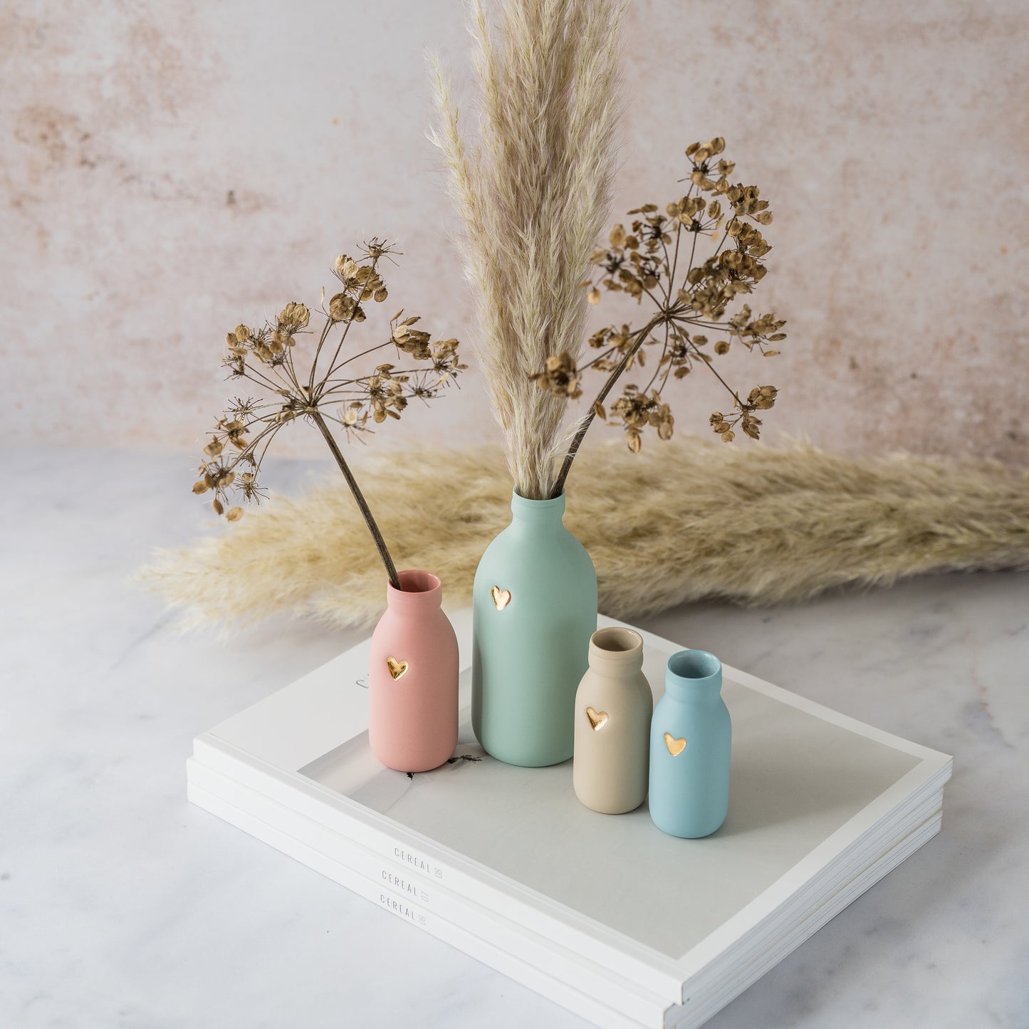 Pastel Bottle Vases With A Gold Embossed Heart | Summer Vase | Flower Vase | Porcelain