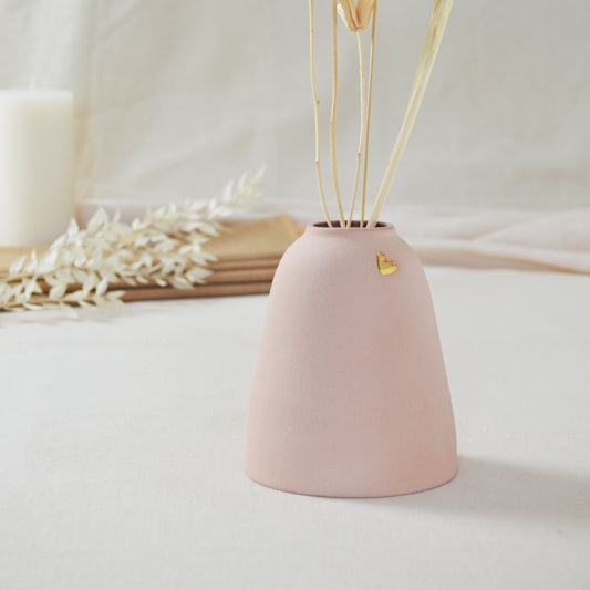 Pastel Pink Ceramic Vase With A Short Rim And An Embossed Gold Heart | Pretty Pink Decor | Mother's Day Vase | Stoneware