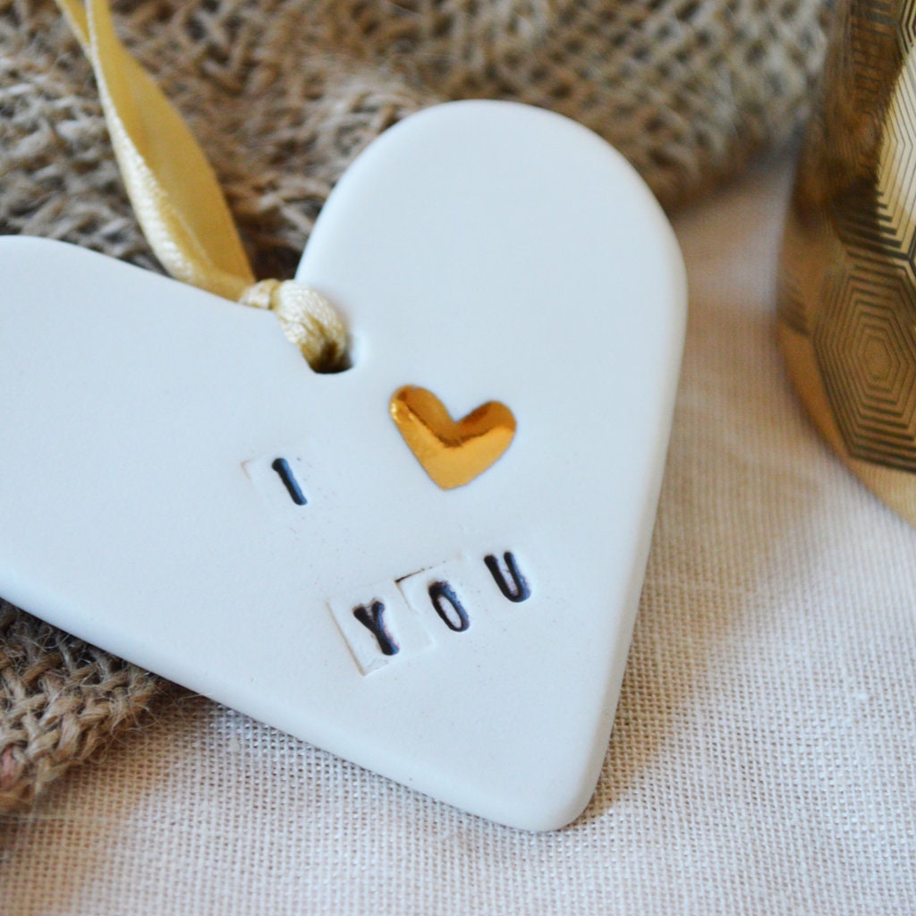 I Love You Heart With A Gold Heart | Porcelain | Hanging Heart Decoration | Valentines Keepsake