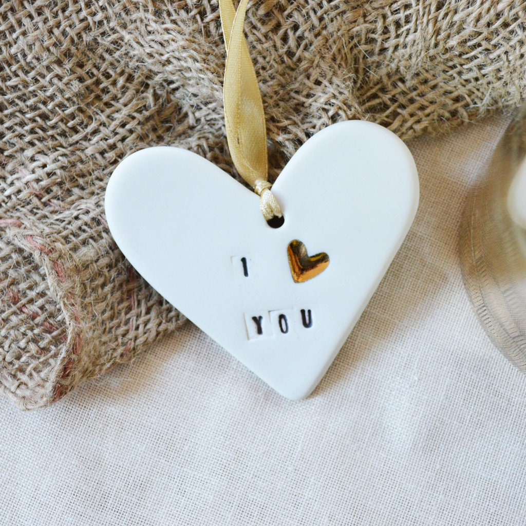 I Love You Heart With A Gold Heart | Porcelain | Hanging Heart Decoration | Valentines Keepsake
