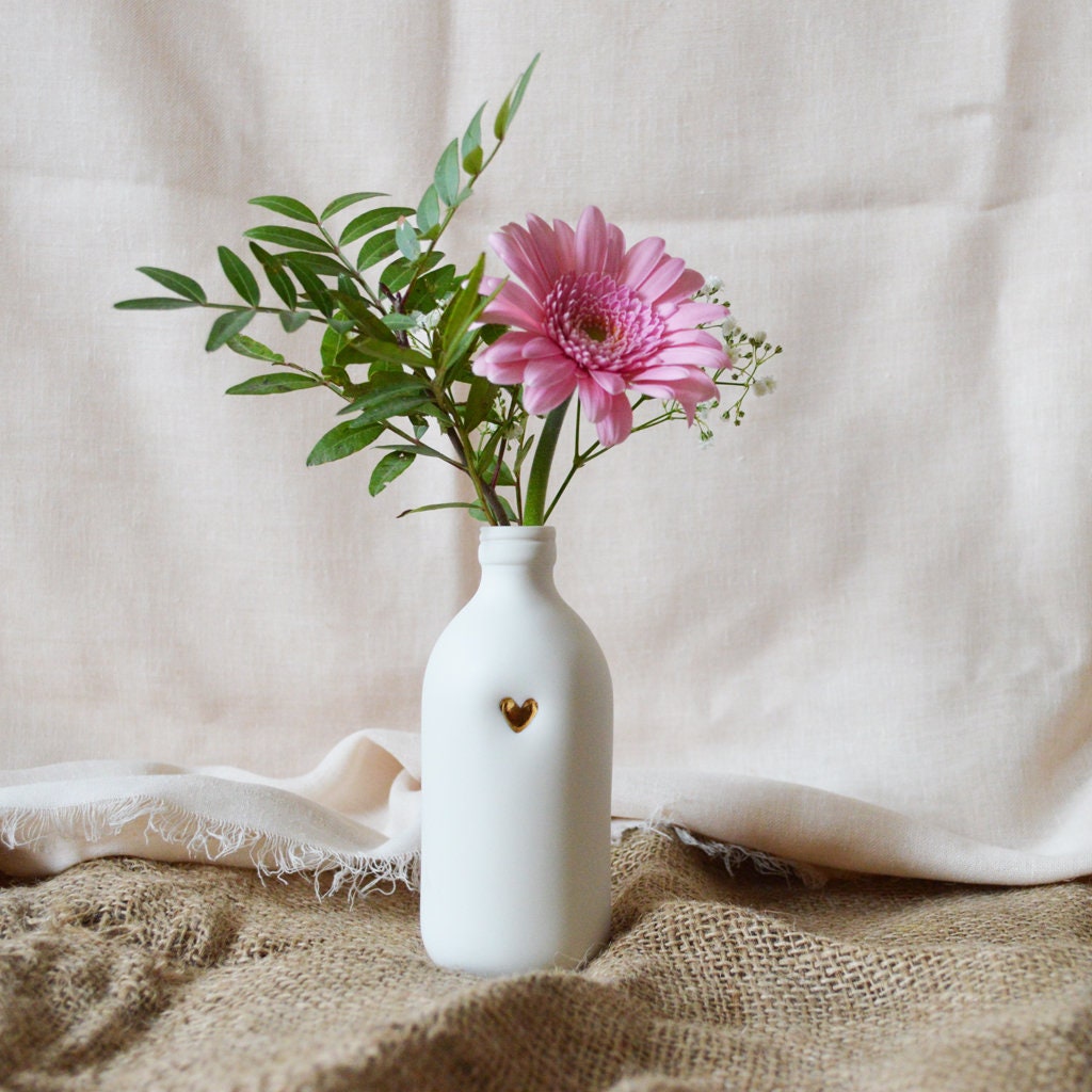 White Bottle Vase With A Gold Embossed Heart | Bottle Vase | Flower Vase | Summer Vase | Mother's Day | Porcelain