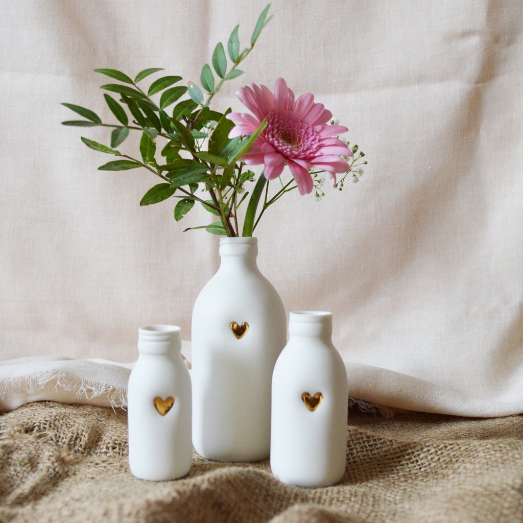 White Bottle Vase With A Gold Embossed Heart | Bottle Vase | Flower Vase | Summer Vase | Mother's Day | Porcelain