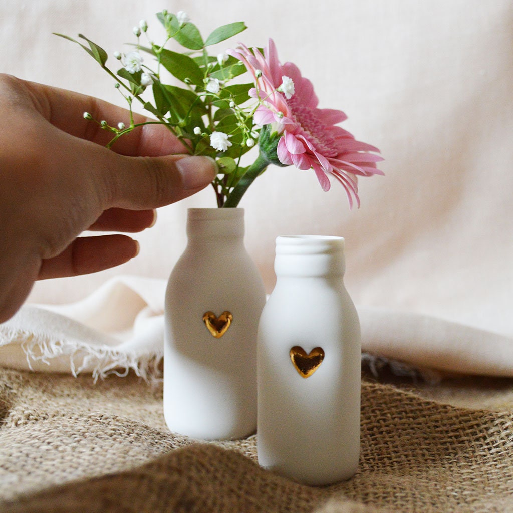 White Bottle Vase With A Gold Embossed Heart | Bottle Vase | Flower Vase | Summer Vase | Mother's Day | Porcelain