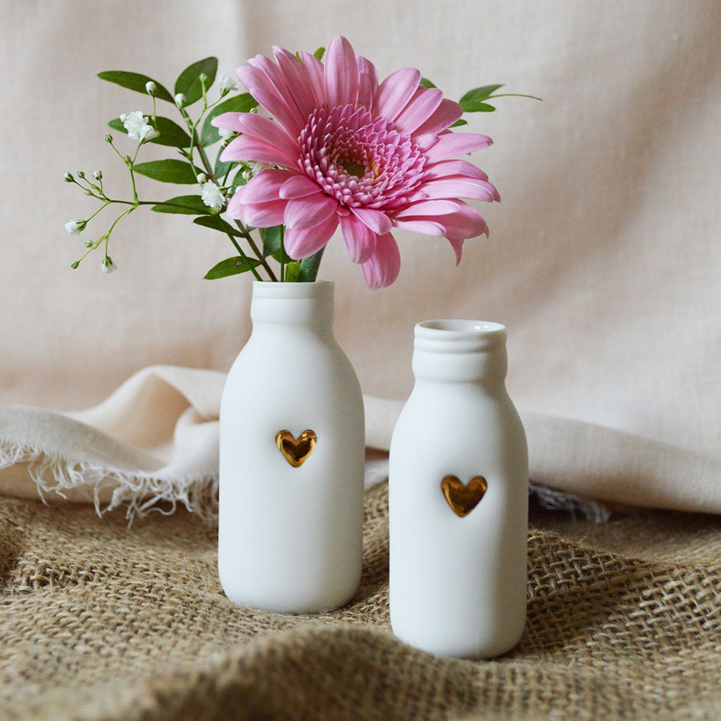 White Bottle Vase With A Gold Embossed Heart | Bottle Vase | Flower Vase | Summer Vase | Mother's Day | Porcelain