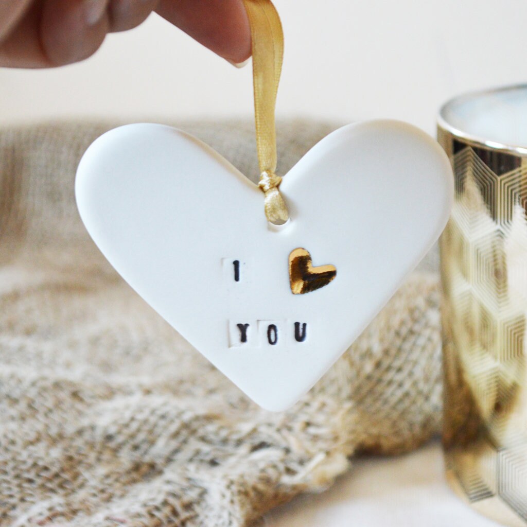 I Love You Heart With A Gold Heart | Porcelain | Hanging Heart Decoration | Valentines Keepsake