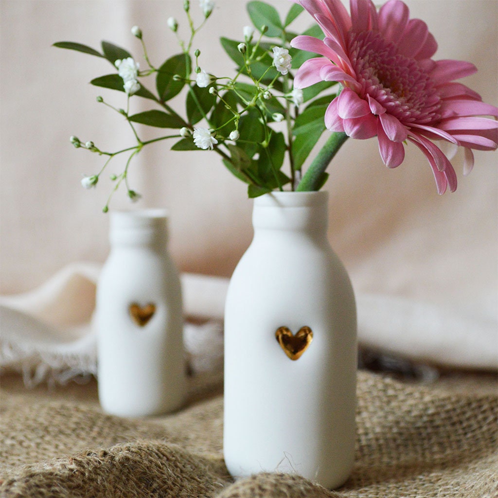 White Bottle Vase With A Gold Embossed Heart | Bottle Vase | Flower Vase | Summer Vase | Mother's Day | Porcelain