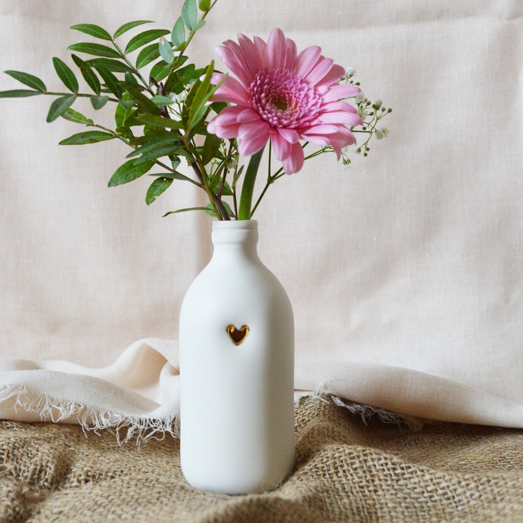 White Bottle Vase With A Gold Embossed Heart | Bottle Vase | Flower Vase | Summer Vase | Mother's Day | Porcelain