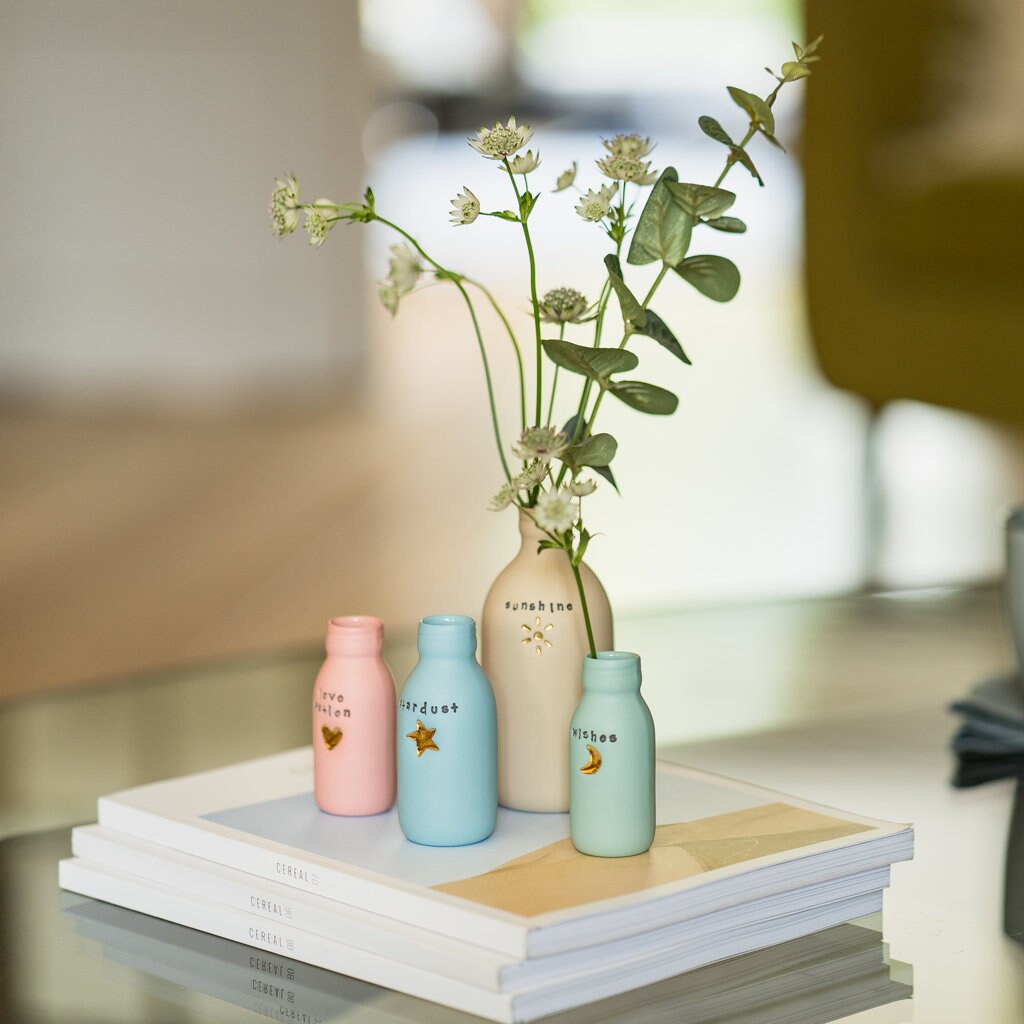 Worded Pastel Bottle Vases With Gold Motifs | Sunshine | Crescent Moon | Heart | Star | Summer Vases | Porcelain