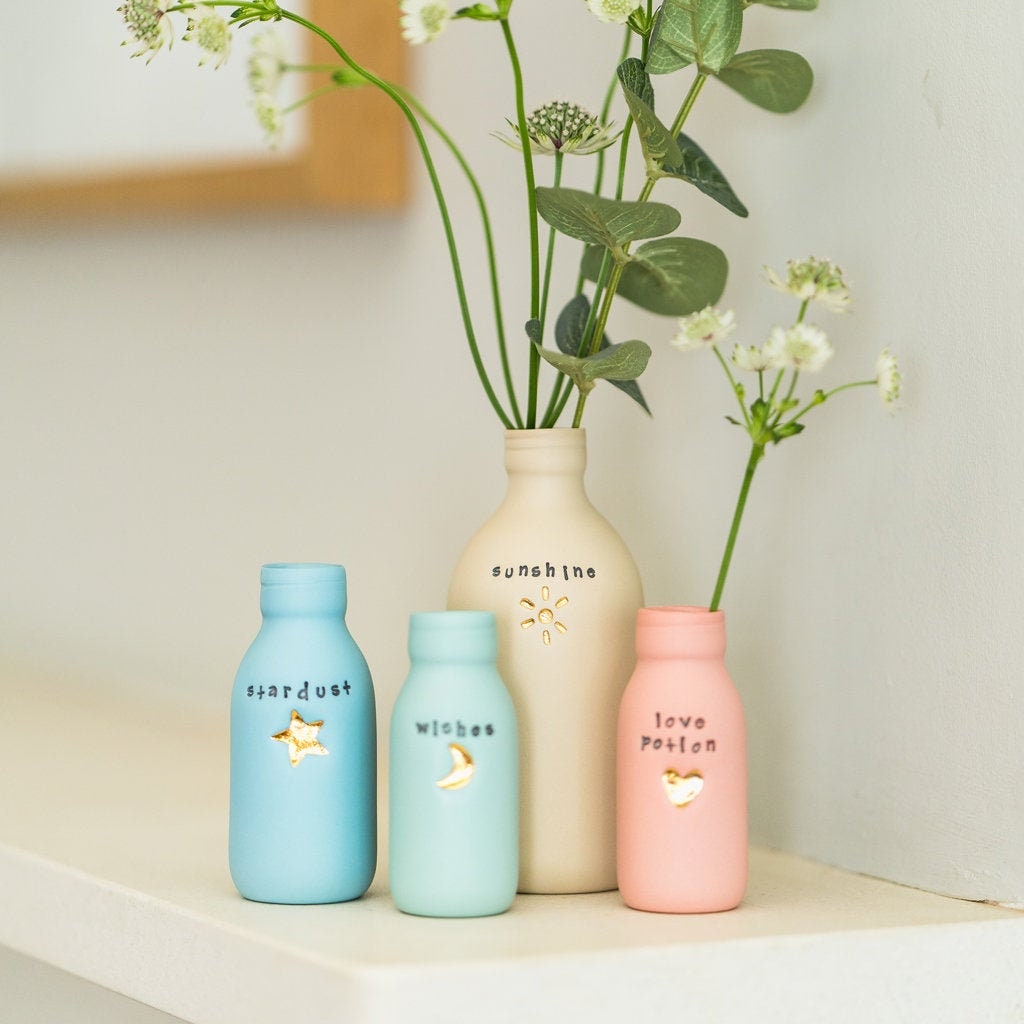 Worded Pastel Bottle Vases With Gold Motifs | Sunshine | Crescent Moon | Heart | Star | Summer Vases | Porcelain