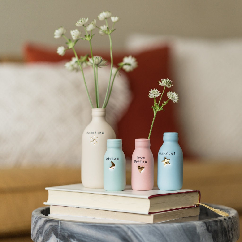 Worded Pastel Bottle Vases With Gold Motifs | Sunshine | Crescent Moon | Heart | Star | Summer Vases | Porcelain