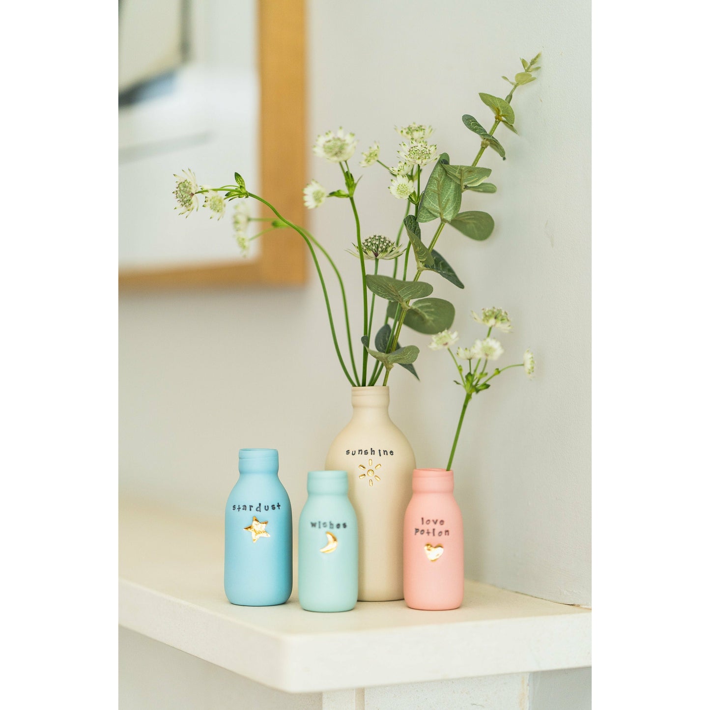 Worded Pastel Bottle Vases With Gold Motifs | Sunshine | Crescent Moon | Heart | Star | Summer Vases | Porcelain