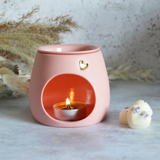Seconds* Pastel PINK Wax And Oil Burner With A Gold Embossed Heart And Detachable Lid | Wax Burner | Porcelain (A4)