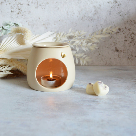 Seconds* Pastel BEIGE Wax And Oil Burner With A Gold Embossed Heart And Detachable Lid | Wax Burner | Porcelain (A3)