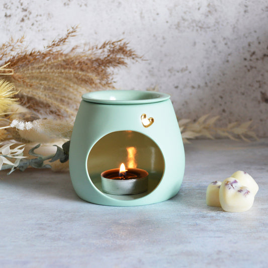 Seconds* Pastel MINT Wax And Oil Burner With A Gold Embossed Heart And Detachable Lid | Wax Burner | Porcelain (A2)